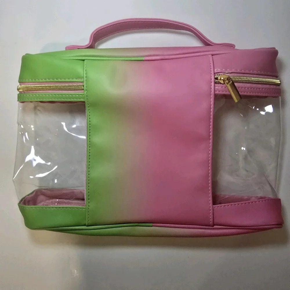 Wicked Pink Green Ombre Clear Cosmetic Travel Bag Organizer Gold Zip